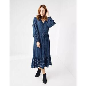 Fat Face Cora Blue Indigo Floral Size 14 Tiered Long Sleeve Woodblock Midi Dress